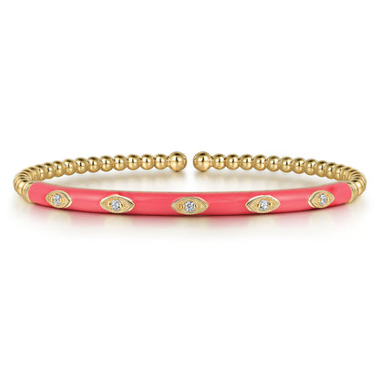 14K Yellow Gold Bujukan Beads and Diamond Split Bangle with Fuchsia Enamel