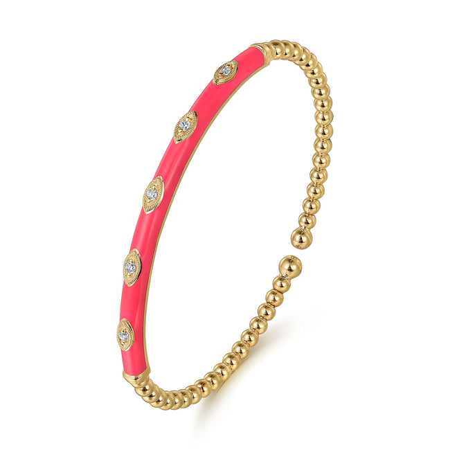 14K Yellow Gold Bujukan Beads and Diamond Split Bangle with Fuchsia Enamel
