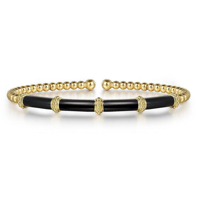14K Yellow Gold Bujukan and Bar Split Bangle with Black Enamel