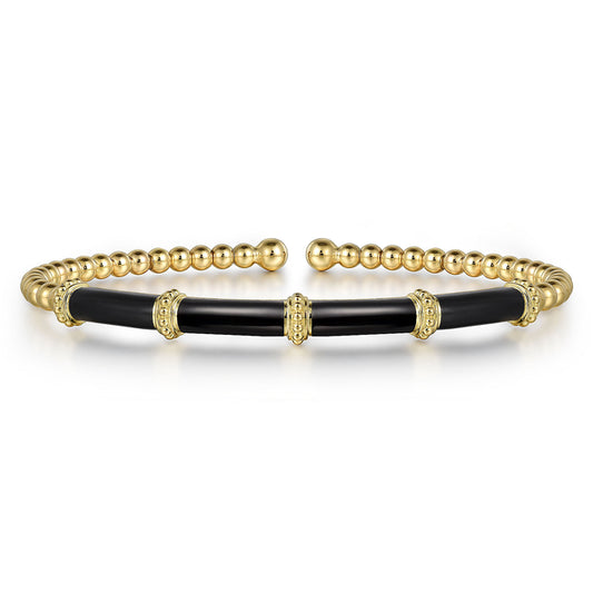 14K Yellow Gold Bujukan and Bar Split Bangle with Black Enamel