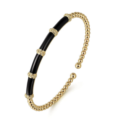 14K Yellow Gold Bujukan and Bar Split Bangle with Black Enamel