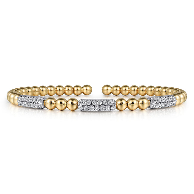 14K White and Yellow Gold Diamond Pavé Three Station Bar Bujukan Beads Split Bangle Bracelet
