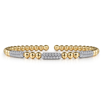 14K White and Yellow Gold Diamond Pavé Three Station Bar Bujukan Beads Split Bangle Bracelet