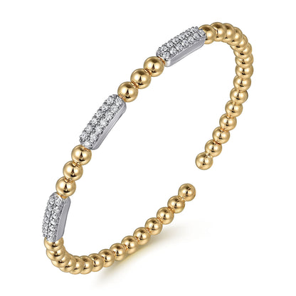 14K White and Yellow Gold Diamond Pavé Three Station Bar Bujukan Beads Split Bangle Bracelet