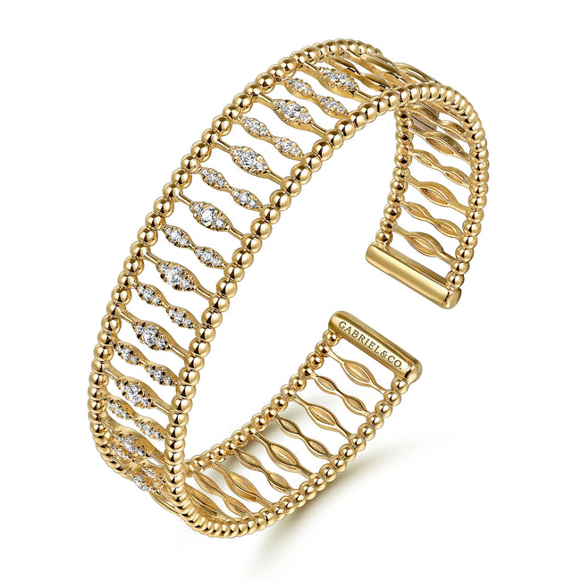 14K Yellow Gold Diamond and Bujukan Beads Cuff Bangle Bracelet