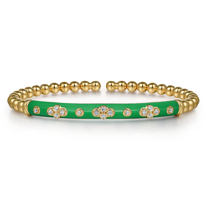 14K Yellow Gold Bujukan Beads and Diamond Split Bangle Bracelet with Emerald Green Enamel