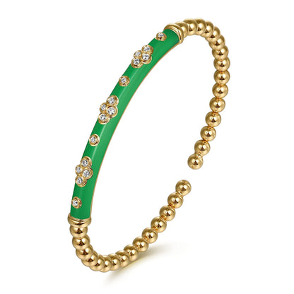 14K Yellow Gold Bujukan Beads and Diamond Split Bangle Bracelet with Emerald Green Enamel