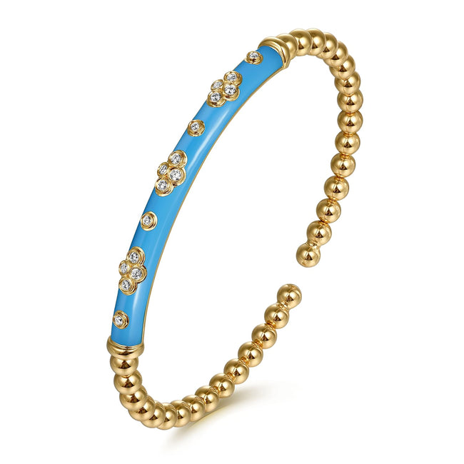 14K Yellow Gold Bujukan Beads and Diamond Split Bangle Bracelet with Dusk Blue Enamel