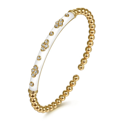 14K Yellow Gold Bujukan Beads and Diamond Split Bangle Bracelet with White Enamel