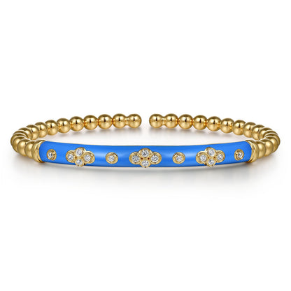14K Yellow Gold Bujukan Beads and Diamond Split Bangle Bracelet with Blue Enamel