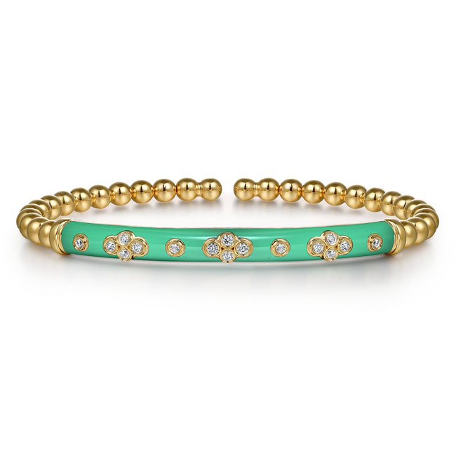 14K Yellow Gold Bujukan Beads and Diamond Split Bangle Bracelet with Mint Green Enamel