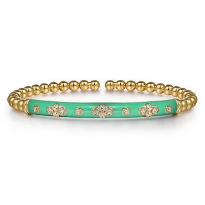 14K Yellow Gold Bujukan Beads and Diamond Split Bangle Bracelet with Mint Green Enamel