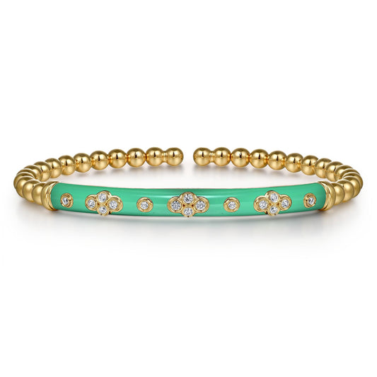 14K Yellow Gold Bujukan Beads and Diamond Split Bangle Bracelet with Mint Green Enamel