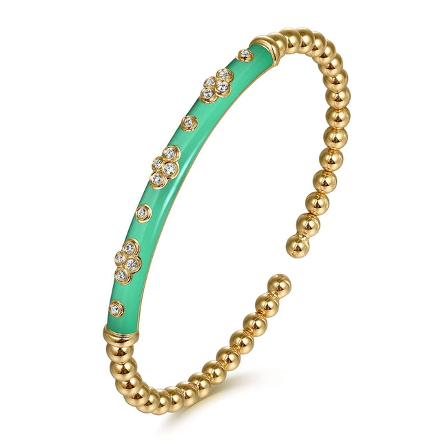 14K Yellow Gold Bujukan Beads and Diamond Split Bangle Bracelet with Mint Green Enamel