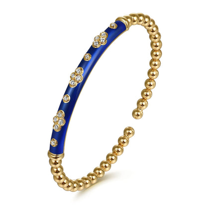 14K Yellow Gold Bujukan Beads and Diamond Split Bangle Bracelet with Chrome Blue Enamel
