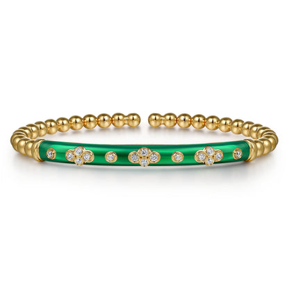 14K Yellow Gold Bujukan Beads and Diamond Split Bangle Bracelet with Chrome Green Enamel