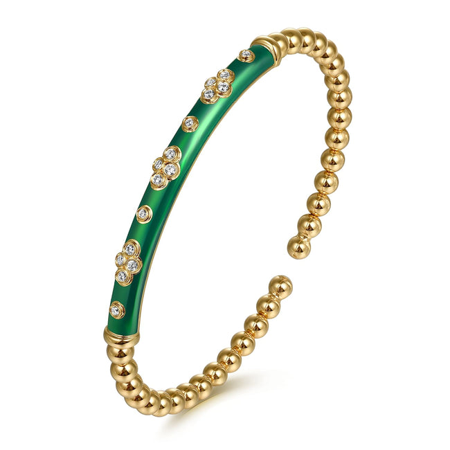 14K Yellow Gold Bujukan Beads and Diamond Split Bangle Bracelet with Chrome Green Enamel