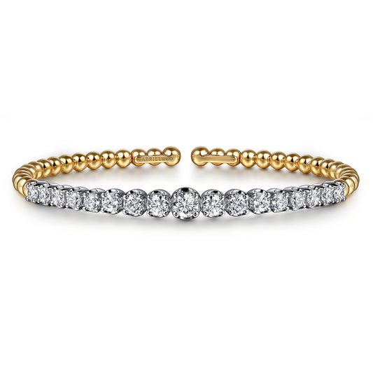 14K White & Yellow Gold Bujukan Beads and Graduating Diamond Split Bangle Bracelet