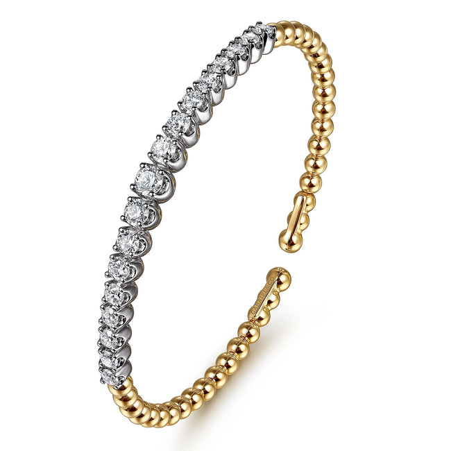 14K White & Yellow Gold Bujukan Beads and Graduating Diamond Split Bangle Bracelet