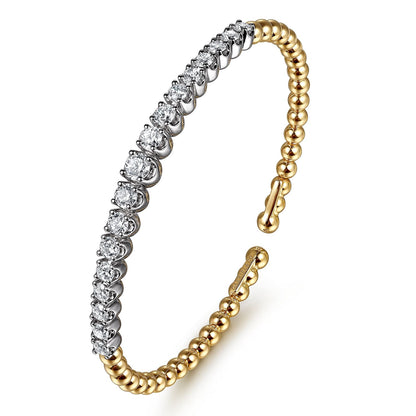 14K White & Yellow Gold Bujukan Beads and Graduating Diamond Split Bangle Bracelet