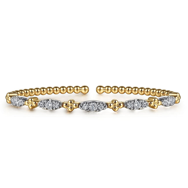 14K White & Yellow Gold Bujukan Beads and Diamond Station Split Bangle Bracelet
