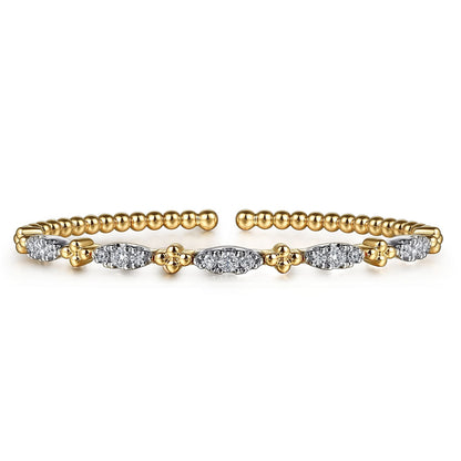 14K White & Yellow Gold Bujukan Beads and Diamond Station Split Bangle Bracelet