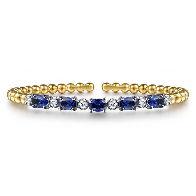 14K White & Yellow Gold Bujukan Diamond and Sapphire Split Bangle Bracelet