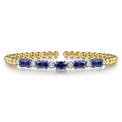 14K White & Yellow Gold Bujukan Diamond and Sapphire Split Bangle Bracelet