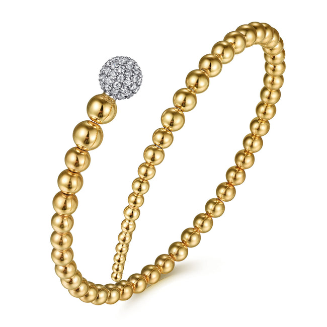 14K White & Yellow Gold Graduating Bujukan Beads and Pave Diamond Split Bangle Bracelet