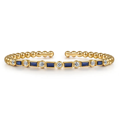 14K Yellow Gold Bujukan Diamond and Rectangle Sapphire Split Bangle Bracelet