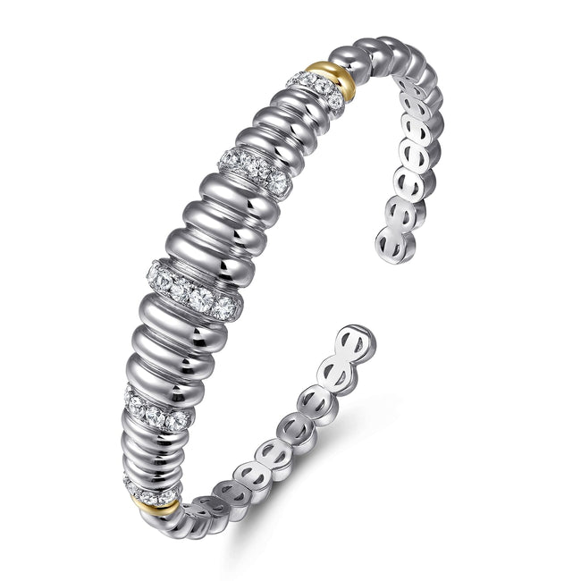 14K Yellow Gold and 925 Sterling Silver Bujukan White Sapphire Scallop Open Bangle Bracelet