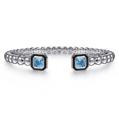 925 Sterling Silver Bujukan Blue Topaz Open Bangle with Black Enamel