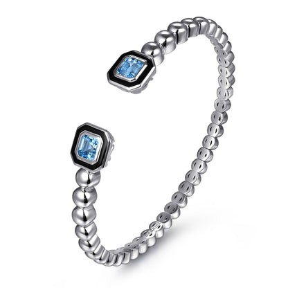 925 Sterling Silver Bujukan Blue Topaz Open Bangle with Black Enamel
