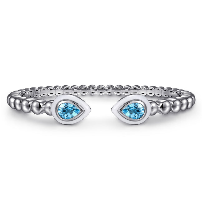 925 Sterling Silver Bujukan Blue Topaz Open Bangle with White Enamel