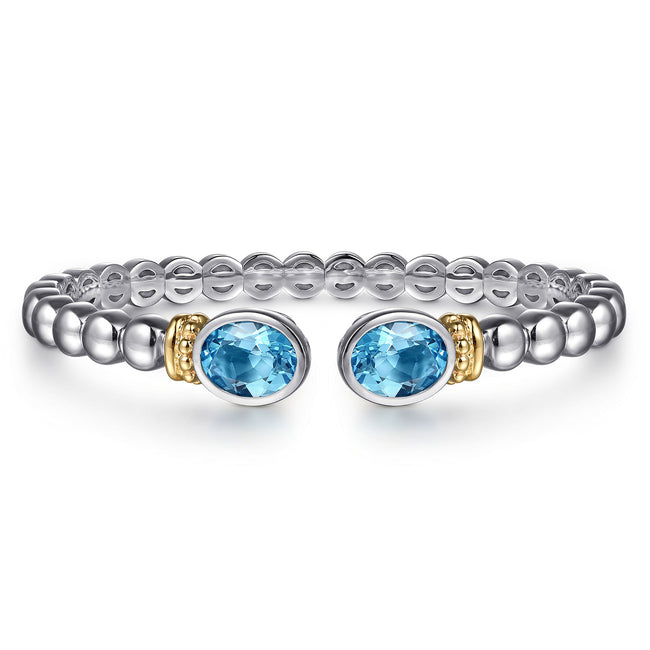 14K Yellow Gold and 925 Sterling Silver Bujukan Blue Topaz Open Bangle Bracelet
