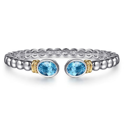 14K Yellow Gold and 925 Sterling Silver Bujukan Blue Topaz Open Bangle Bracelet