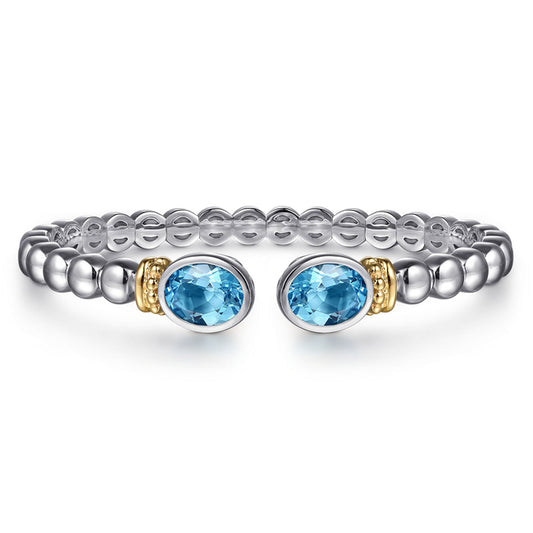 14K Yellow Gold and 925 Sterling Silver Bujukan Blue Topaz Open Bangle Bracelet