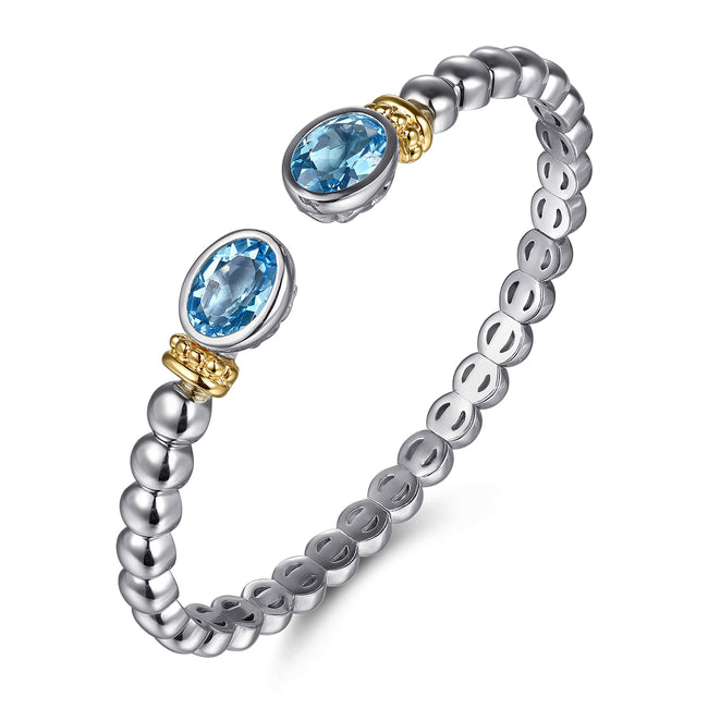 14K Yellow Gold and 925 Sterling Silver Bujukan Blue Topaz Open Bangle Bracelet