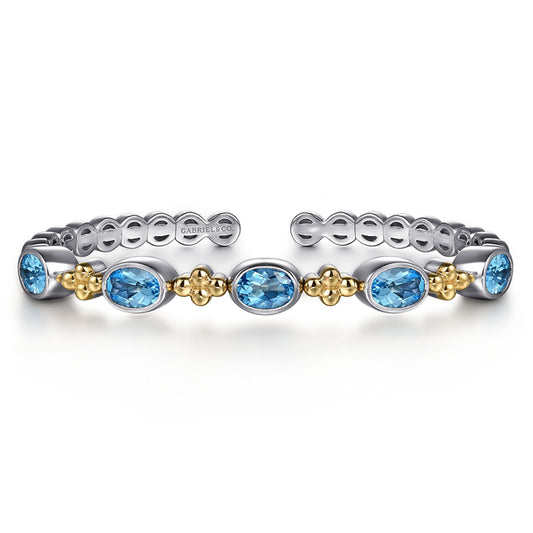14K Yellow Gold and 925 Sterling Silver Bujukan Blue Topaz Open Bangle Bracelet