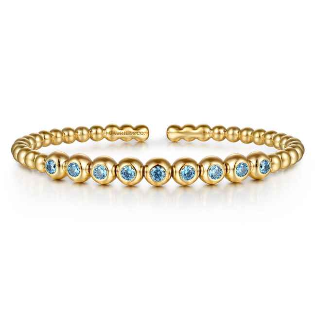 14K Yellow Gold Bujukan Beads and Blue Topaz Split Bangle Bracelet