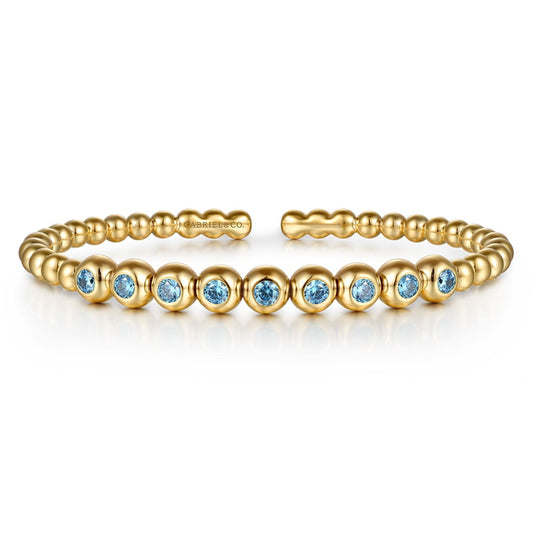 14K Yellow Gold Bujukan Beads and Blue Topaz Split Bangle Bracelet