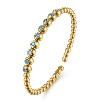 14K Yellow Gold Bujukan Beads and Blue Topaz Split Bangle Bracelet