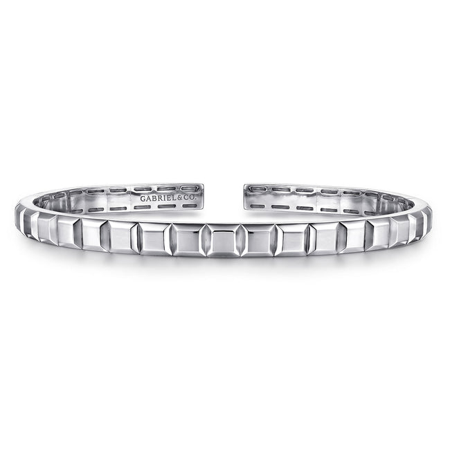 Sterling Silver Open Cuff Angular Cuts Square Bangle