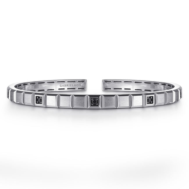 925 Sterling Silver Black Spinel Open Cuff Angular Cuts Square Bangle