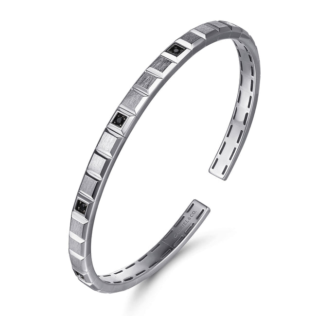 925 Sterling Silver Black Spinel Open Cuff Angular Cuts Square Bangle