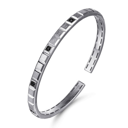925 Sterling Silver Black Spinel Open Cuff Angular Cuts Square Bangle