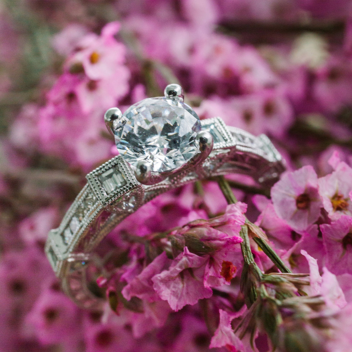 Modern Channel Set Engraved Blue Sapphire Diamond Engagement Ring