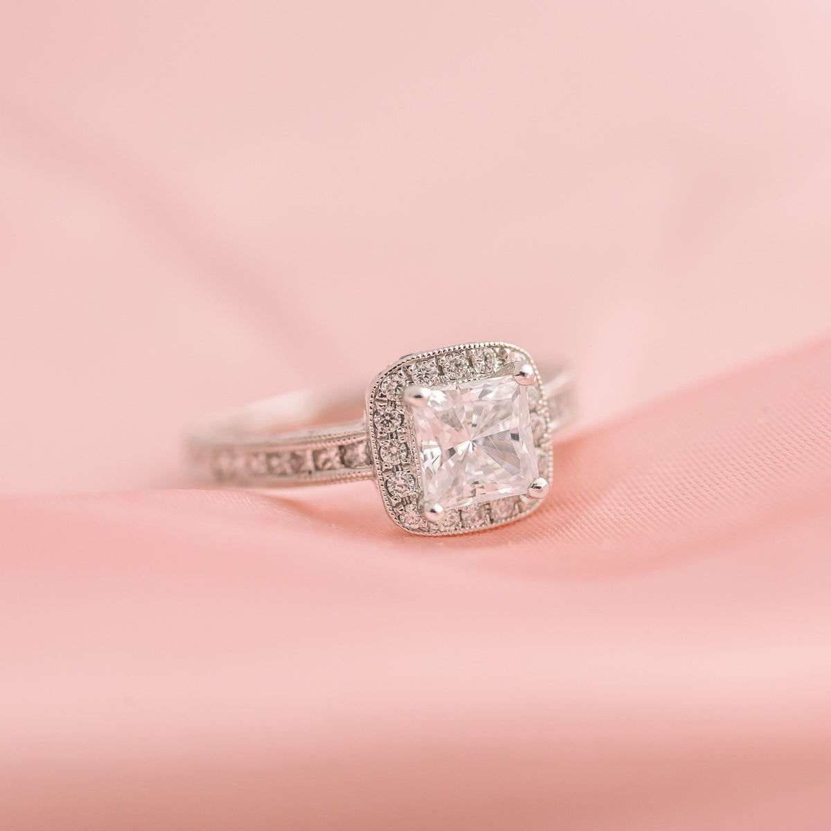 Channel Engraved Classic Diamond Halo Engagement Ring