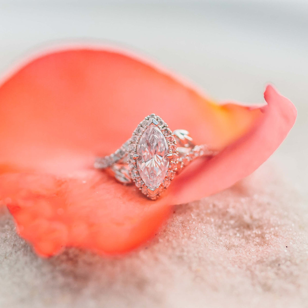 Halo Leaf Accent Diamond Engagement Ring