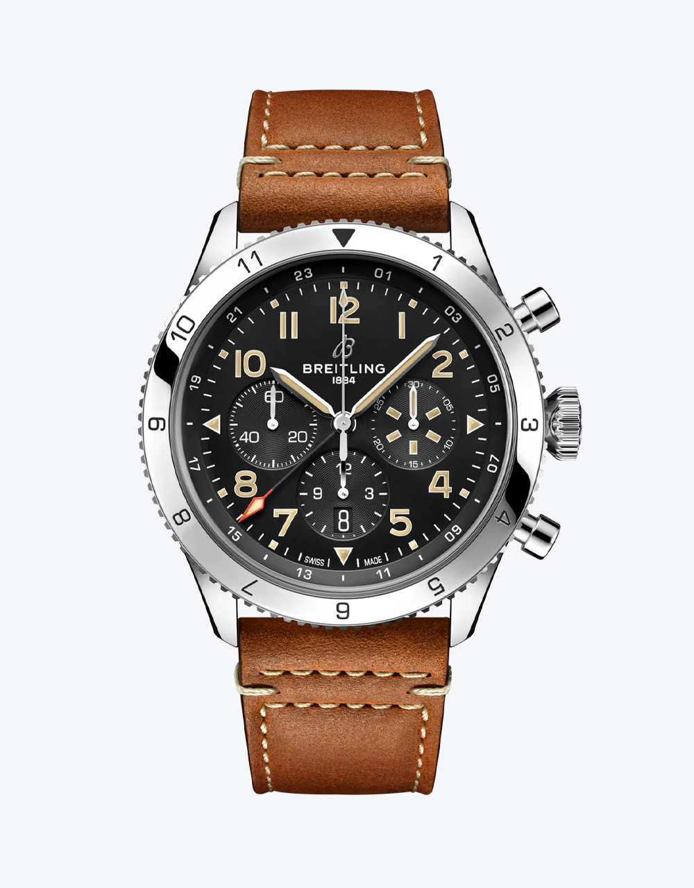 Breitling Classic AVI Watch with brown leather strap and black dial